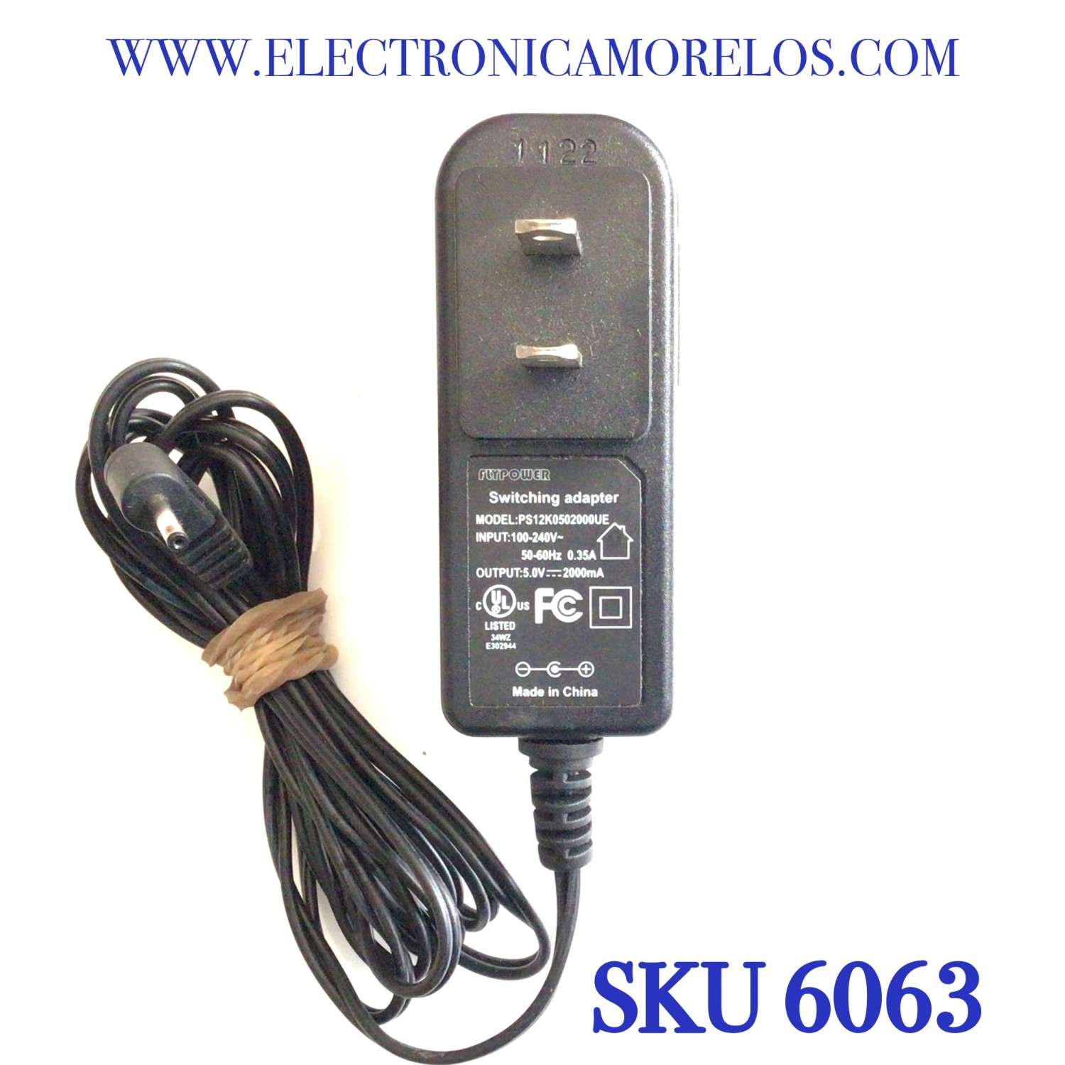 CARGADOR / ADAPTADOR DE FUENTE DE ALIMENTACION FLYPOWER / VCA-VCD  / NUMERO DE PARTE PS12K0502000UE / ENTRADA VCA 100-240V~ 50-60HZ 0.35A / SALIDA VCD 5.0V 2000MA / MODELO PS12K0502000UE